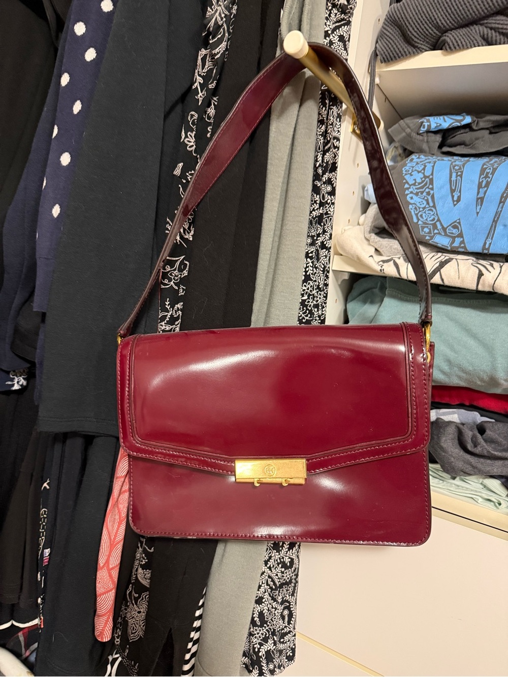 Tory Burch Burgundy Leather Shoulder Bag with Gold Hardware